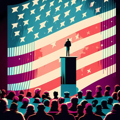 Speech by the President of America on the background of the American flag. American flag. Banner. Generative AI - obrazy, fototapety, plakaty