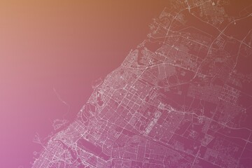 Map of the streets of Sharjah (UAE) made with white lines on pinkish red gradient background. Top view. 3d render, illustration