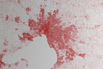 Fototapeta premium Map of the streets of Melbourne (Australia) made with red lines on white paper. 3d render, illustration