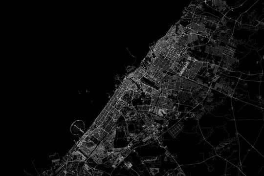 Stylized map of the streets of Dubai (UAE) made with white lines on black background. Top view. 3d render, illustration
