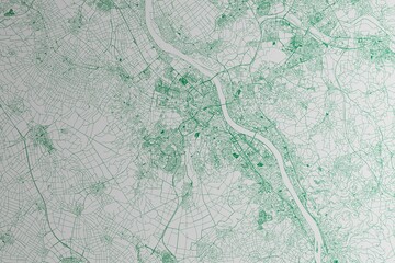 Map of the streets of Bonn (Germany) made with green lines on white paper. 3d render, illustration