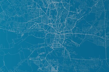 Map of the streets of Kaliningrad (Russia) made with white lines on blue background. 3d render, illustration
