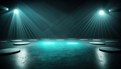 Obraz premium immerse yourself in an ethereal world: empty dark stage transformed with mist, fog, and cyan spotlights, perfect for showcasing artistic works and products. generative ai