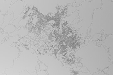 Map of the streets of Arequipa (Peru) made with black lines on grey paper. Top view. 3d render, illustration