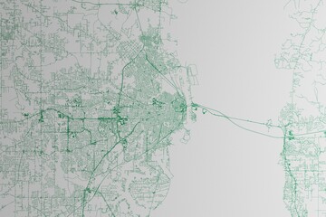 Map of the streets of Mobile (Alabama, USA) made with green lines on white paper. 3d render, illustration