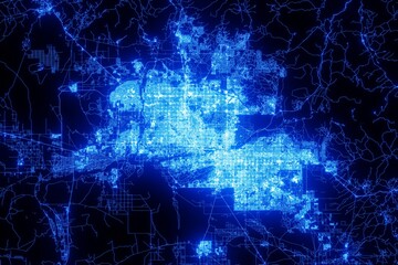 Street map of Phoenix (Arizona, USA) made with blue illumination and glow effect. Top view on roads network