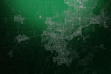 Street map of Sacramento (California, USA) engraved on green metal background. Light is coming from top. 3d render, illustration