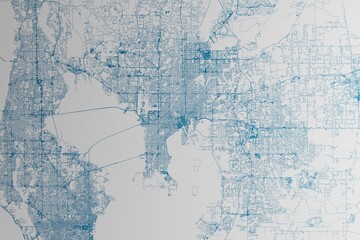 Map of the streets of Tampa (Florida, USA) made with blue lines on white paper. 3d render, illustration