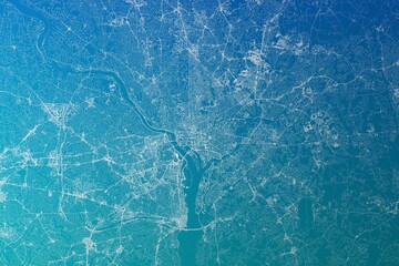 Map of the streets of Washington (DC, USA) made with white lines on greenish blue gradient background. 3d render, illustration