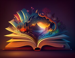 an open book with wild plants growing out of it. Generative AI