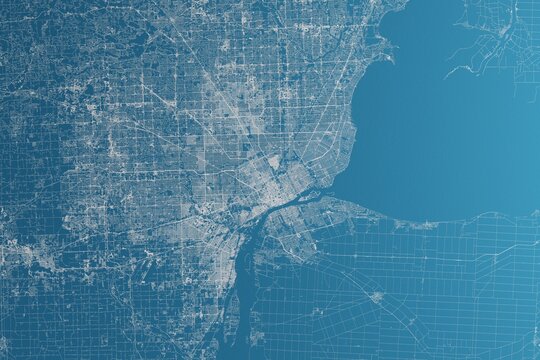 Map of the streets of Detroit (Michigan, USA) made with white lines on blue paper. Rough background. 3d render, illustration
