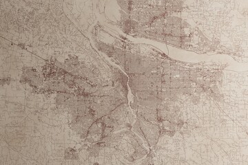 Map of Portland (Oregon, USA) on an old vintage sheet of paper. Retro style grunge paper with light coming from right. 3d render