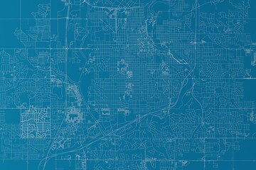 Map of the streets of Sioux Falls (South Dakota, USA) made with white lines on blue background. 3d render, illustration