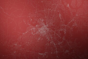 Map of the streets of Nashville (Tennessee, USA) made with white lines on abstract red background lit by two lights. Top view. 3d render, illustration