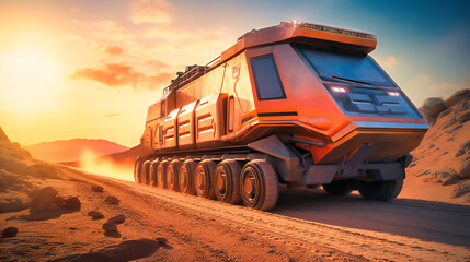 A futuristic electric cargo transport vehicle on a remote desert road, showcasing durability and reliability