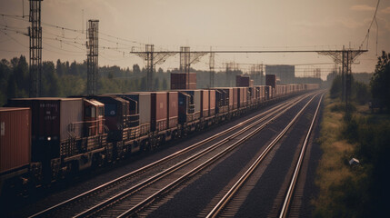 Fototapeta na wymiar A freight train carrying shipping containers Generative AI