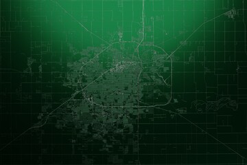 Street map of Lubbock (Texas, USA) engraved on green metal background. Light is coming from top. 3d render, illustration