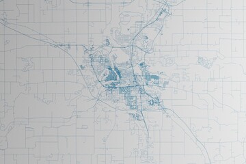 Map of the streets of Eau Claire (Wisconsin, USA) made with blue lines on white paper. 3d render, illustration