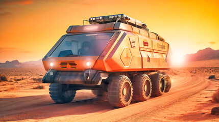 A futuristic electric cargo transport vehicle on a remote desert road, showcasing durability and reliability