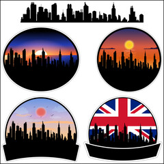 Mexborough Skyline Silhouette Uk Flag Travel Souvenir Sticker Sunset Background Vector Illustration SVG EPS AI