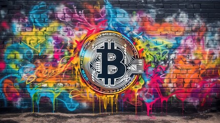 Fototapeta premium bitcoin graffiti on urban city wall, Generative Ai