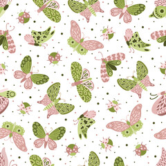 Floral seamless pattern with decorative flowers, leaves and butterfly. For fashion fabrics, children s clothing, T-shirts, postcards, templates and scrapbooking.