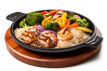 Grilled shrimp on a sizzling plate with veggies and rice, Japanese-style. Generative AI