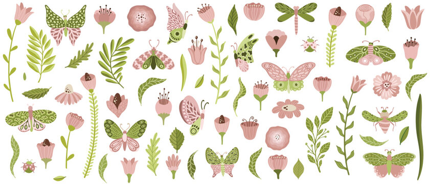 Floral collection with leaves, flower bouquets, butterflies. Vector flowers. Spring art print with botanical elements. Easter.