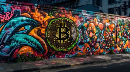 bitcoin graffiti on urban city wall, Generative Ai