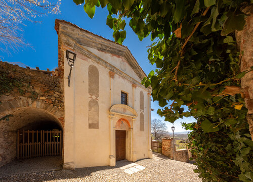 Manta, Cuneo, Piedmont, Italy: The ancient parish church of Santa Maria at Manta Castle (15th century) on the hill