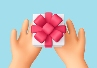 Hands holding gift box with pink bow isolated on blue background