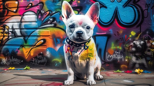 pet portrait , cute dog puppy with messy color on it fur with graffiti wall as background, Generative Ai