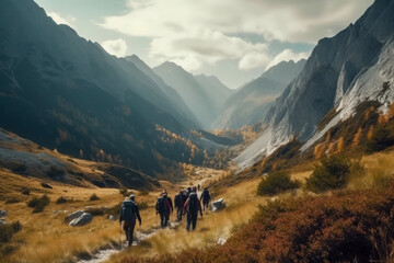 Group of four hikers with backpacks walks in mountains.