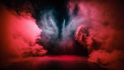 immerse yourself in an ethereal world: empty dark stage transformed with mist, fog, and red smoke, perfect for showcasing artistic works and products. generative ai