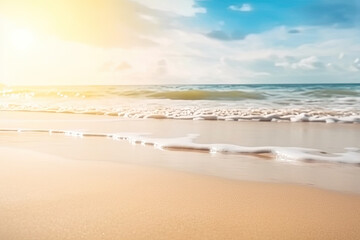 Fototapeta na wymiar background of a paradise beach with white sand and turquoise sea with sunbeams. Ai generative