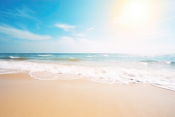 Fototapeta na wymiar background of a paradise beach with white sand and turquoise sea with sunbeams. Ai generative