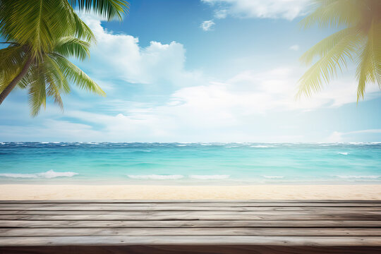 Empty wooden table for product and palm leaves with  beach blurred background in summer time. Ai generative