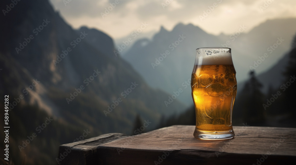 Poster glass of beer against a background of mountains generative ai