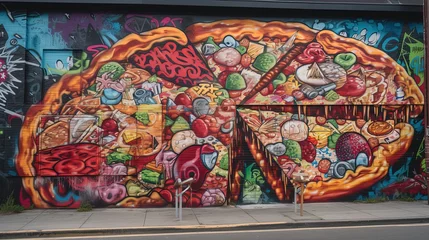 Crédence de cuisine en verre imprimé Graffiti painting wall illustration, graffiti art wall paint in doodle pizza, creative artistic, Generative Ai