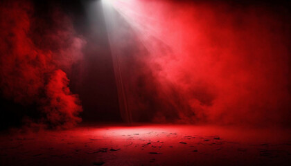 immerse yourself in an ethereal world: empty dark stage transformed with mist, fog, and red spotlights, perfect for showcasing artistic works and products. generative ai