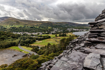 View from old slate quarry towards Llanberis, Snowdonia, Wales, UK