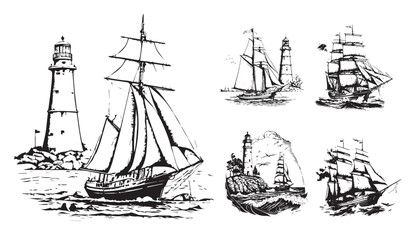 Boat, ship, sailboat vector illustration on a white background. Vector illustration silhouette svg.