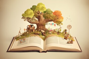 enchanted magic fairytale book with fantasy scene pop up on page, enchanted fairy garden village town, Generative Ai