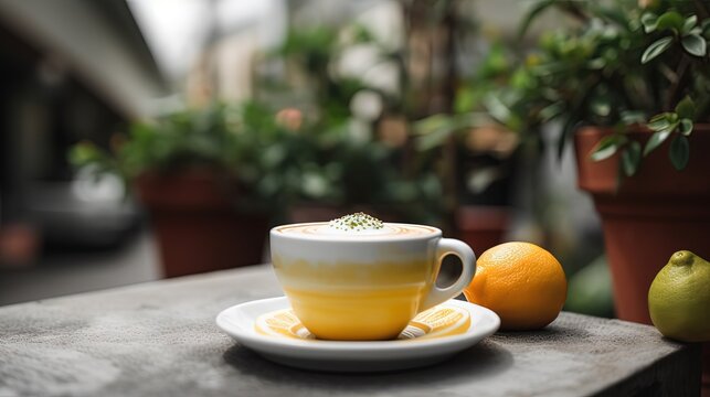 close up sour and sweet lemon almond milk latte in backyard garden, refresh drink on weekend, Generative Ai