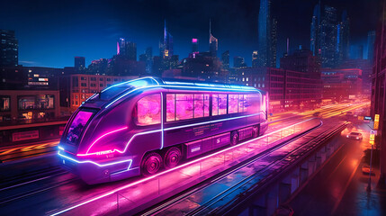 A futuristic electric cargo transport, navigating through a city at night, showcasing its innovative lighting system