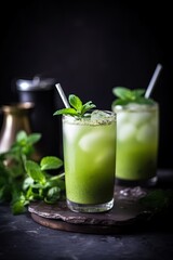  close up spring and summer drink, glass of infused water of mint leaves frappe, Generative Ai