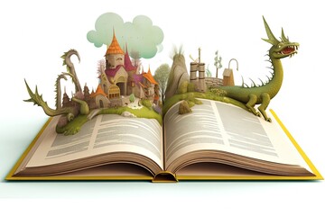 enchanted magic fairytale book with fantasy scene pop up on page, a castle with dragon invade , Generative Ai - obrazy, fototapety, plakaty