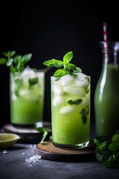  close up spring and summer drink, glass of infused water of mint leaves frappe, Generative Ai