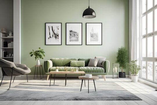 Monochrome Modern Living Room with Stylish Design Aesthetic, Photograph, AI Generated