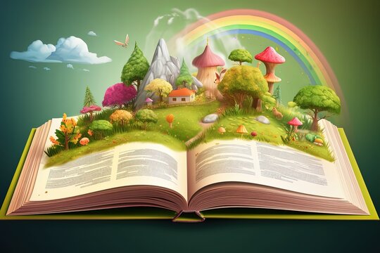 enchanted magic fairytale book with fantasy scene pop up on page, enchanted fairy garden with mushroom house and rainbow, Generative Ai